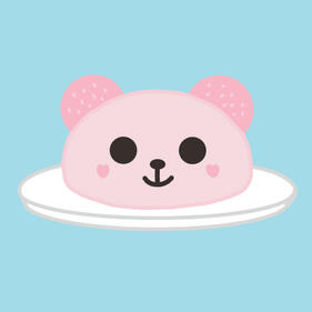 Pink bear mochi on a white plate with a blue background